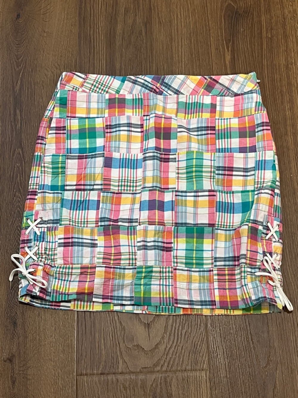 Madras Plaid mini skirt eyelet drawstring Talbots women’s size 10P petite cotton